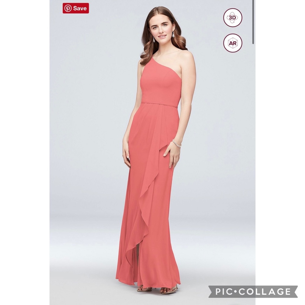 David’s Bridal 
One-Shoulder Chiffon Bridesmaid Dress with Cascade (Color Reef)